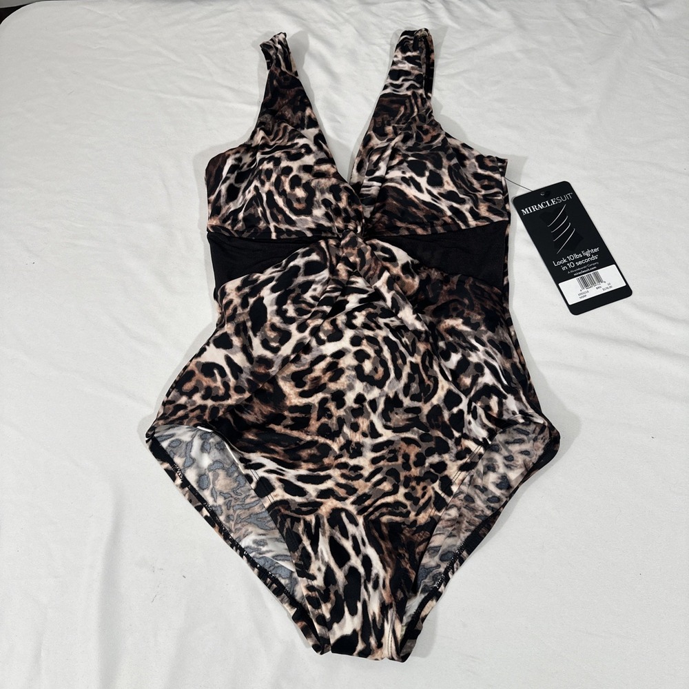 NWT Miraclesuit [ 10‎ ] V Neck Twist of Fate One Piece Swimsuit Leopard U1875